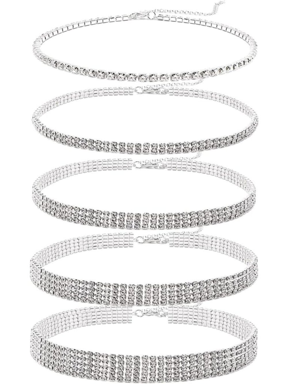 Dainty Rhinestone Choker Necklace Set - 5 Pieces Silver & Gold Plated Tennis